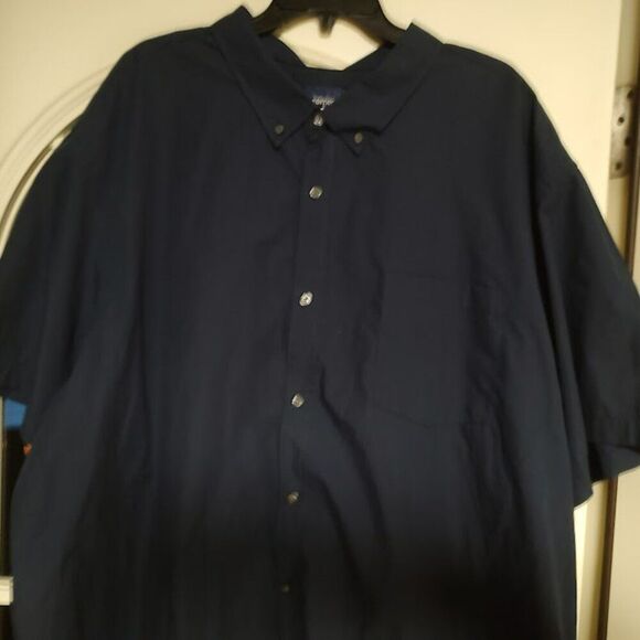 New Basic Editions Navy Blue Short Sleeve Button Down Easy Care Shirt Men's 5XL - Picture 2 of 2
